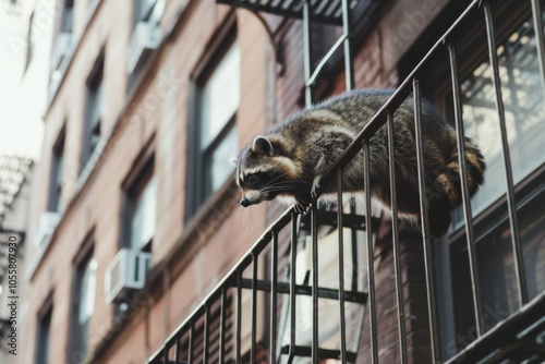 A raccoon delicately navigates a fire escape in an urban setting, blending into the textured backdrop of old brick buildings. photo