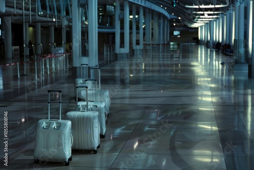 Abandoned suitcases stand in an empty airport terminal, reflecting solitude and stillness, set against the expansive modern architecture and diffused lighting. photo