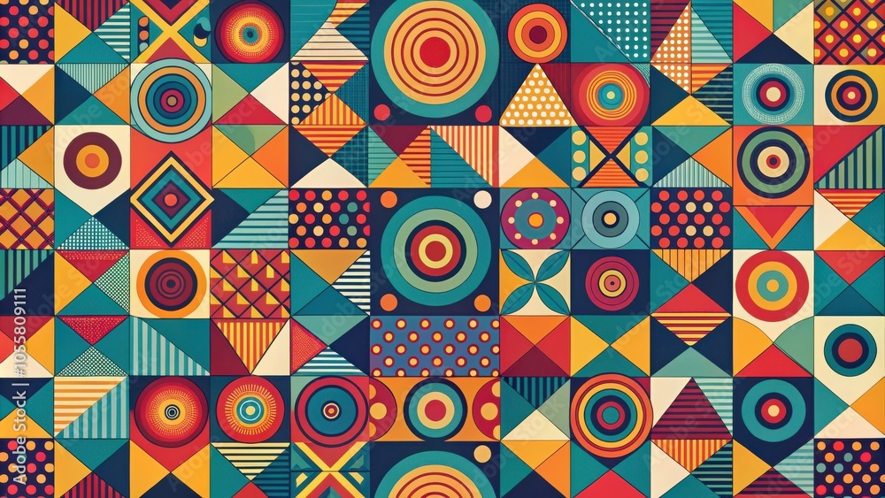 Fototapeta premium Abstract geometric pattern with circles, triangles, and various shapes in vibrant colors for background, design, textile, print, wallpaper, decoration, art, fashion, template, post