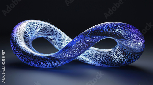 Infinity loop Möbius strip with blue and white mesh texture for abstract and technological backgrounds. photo