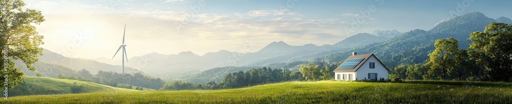 Serene Landscape with House and Wind Turbine