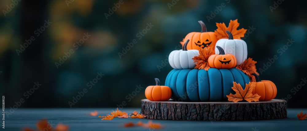 Naklejka premium Colorful pumpkins with autumn leaves on rustic wooden base