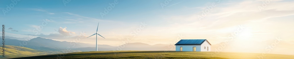 Modern Home With Solar Panel and Wind Turbine Modern Home With Solar Panel and Wind Turbine