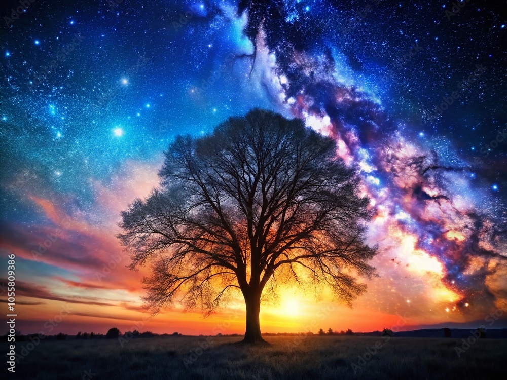 Enchanted Night: Double Exposure of a Tree Against a Starry Sky for Nature Lovers