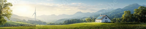 Serene Landscape with House and Wind Turbine