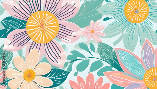 Pop Spring background, wide frame, filled with pastel colors, soft line drawings and dots, giving a warm spring feeling.