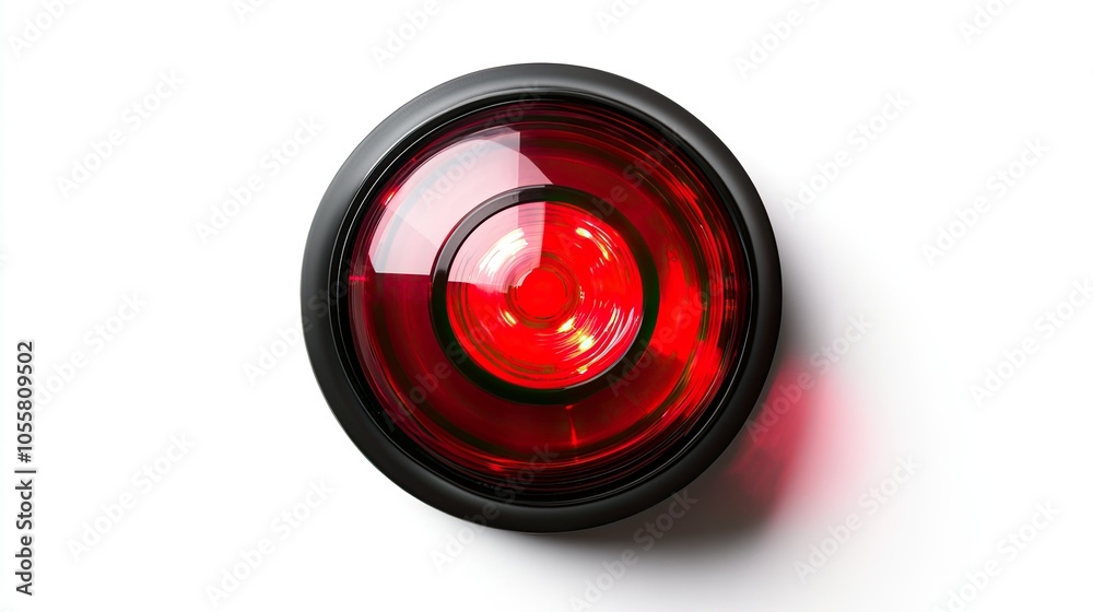 Single red siren light, isolated on white, glowing with strong contrast, top view highlighting lens and base details Single red siren light, isolated on white, glowing with strong contrast, top view highlighting lens and base details