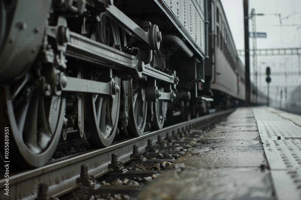 Powerful image of a steam train, its steel wheels glistening in rain, captures movement and vintage charm against a misty rail station. Powerful image of a steam train, its steel wheels glistening in rain, captures movement and vintage charm against a misty rail station.