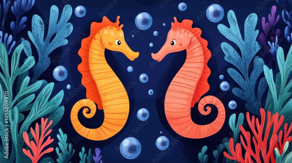 Cartoon Seahorses Swimming Together Underwater Cartoon Seahorses Swimming Together Underwater