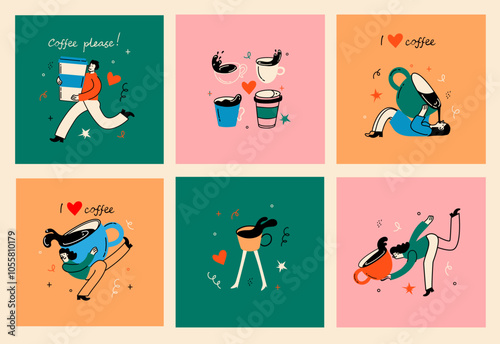 People enjoying coffee. Woman holding takeaway mugs, paper cups. Characters drinking hot morning beverages, americano, cappuccino to go, in trendy retro style.