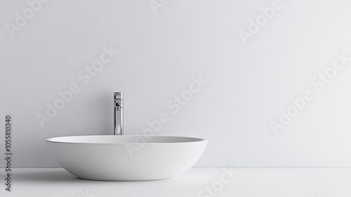 Sleek white basin with chrome faucet, isolated on white, contemporary bathroom design