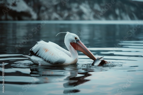 A pelican gracefully holding a fish in vast, reflective waters, highlighting the symbiosis of predator and prey in nature. photo