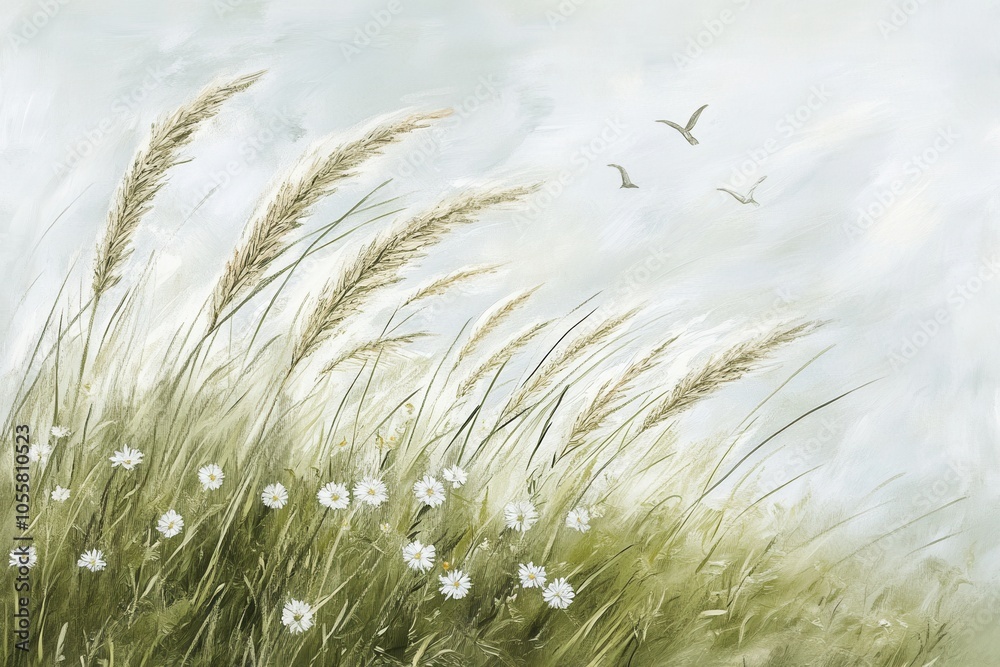 Serene meadow landscape with wildflowers flying birds Serene meadow landscape with wildflowers flying birds