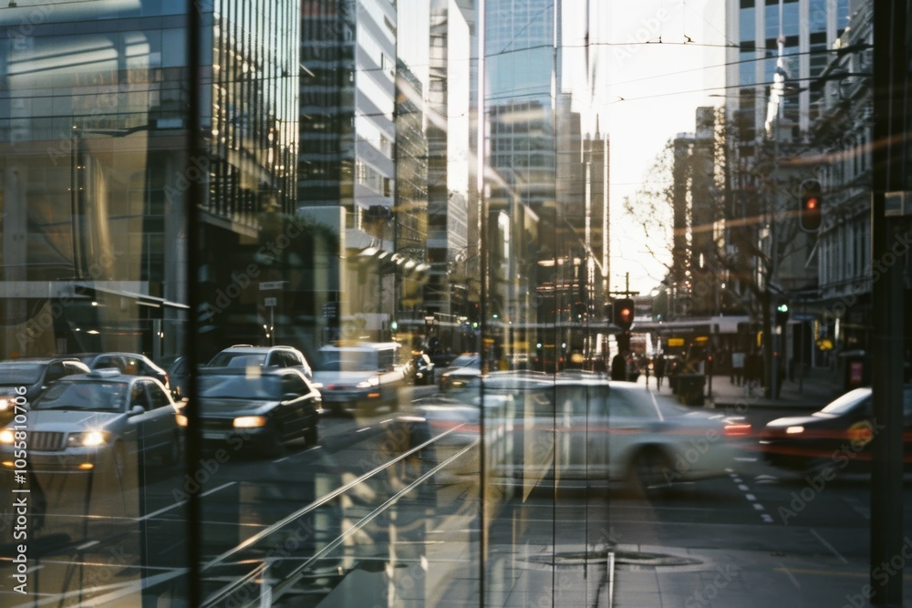 Fototapeta premium Urban reflections blur the line between reality and illusion, city life pulses through glass.
