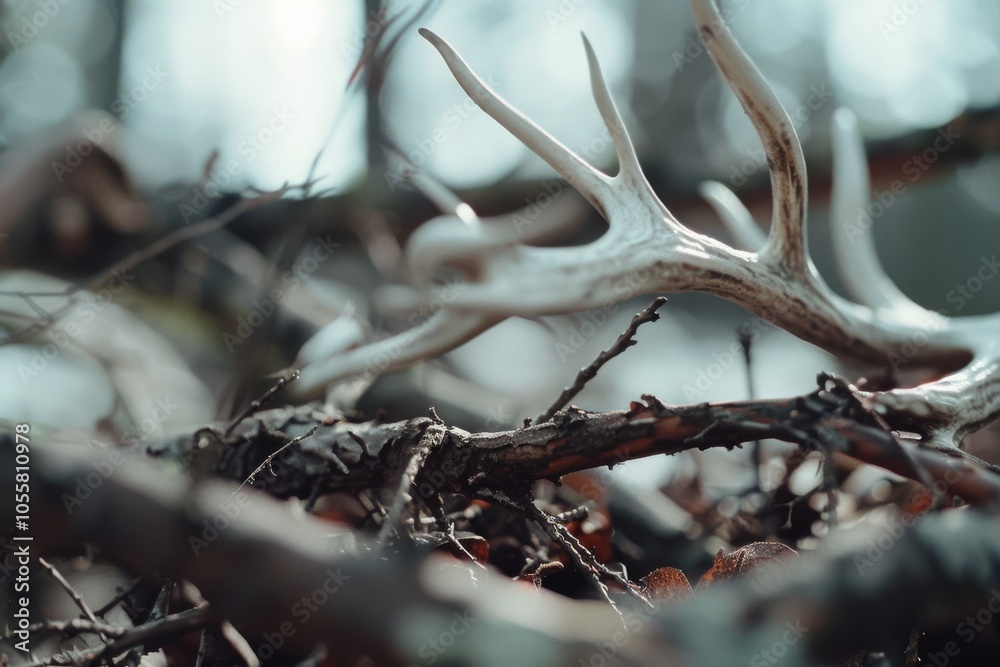 An antler rests among tangled branches in a forest, highlighting nature's raw beauty and the cycle of life within the woodland environment.