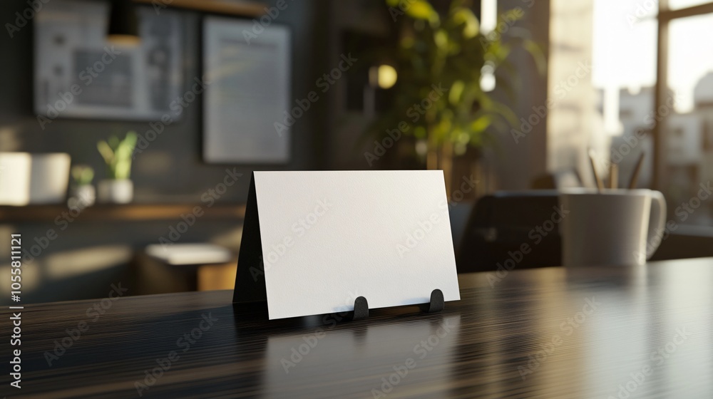 Minimalist blank table tent card on a stylish wooden surface in a contemporary office setting with natural light and greenery. Minimalist blank table tent card on a stylish wooden surface in a contemporary office setting with natural light and greenery.