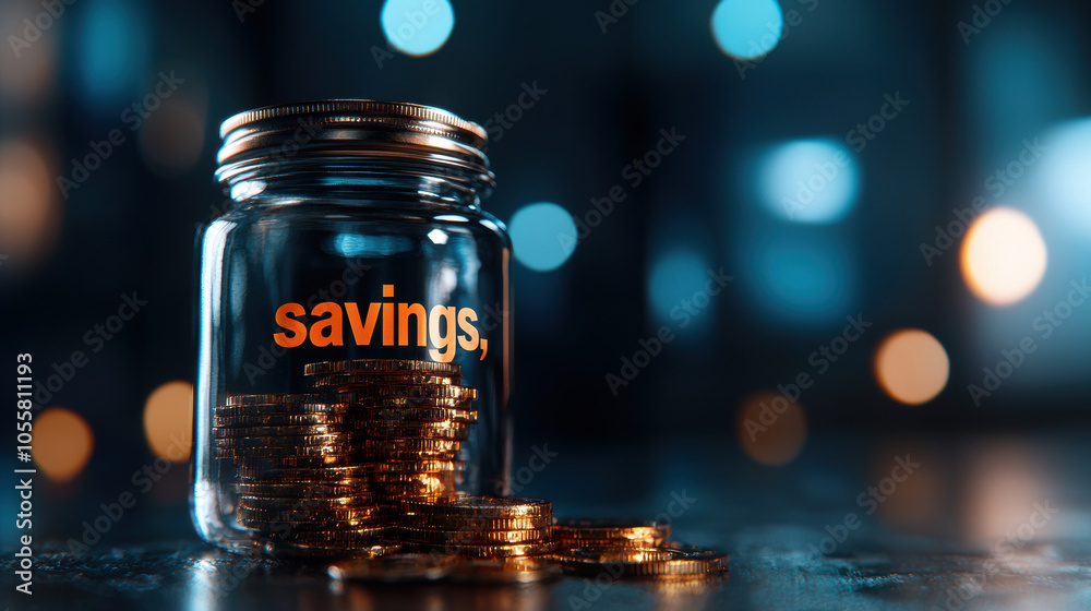 Stack of gold coins in jar labeled savings, symbolizing financial growth Stack of gold coins in jar labeled savings, symbolizing financial growth