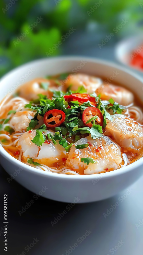Bowl of fermented fish noodle soup with fresh herbs and spicy chili garnish Bowl of fermented fish noodle soup with fresh herbs and spicy chili garnish