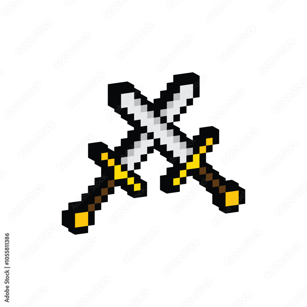 Obraz premium isometric two swords pixel art icon vector 8 bit sword game company logo template