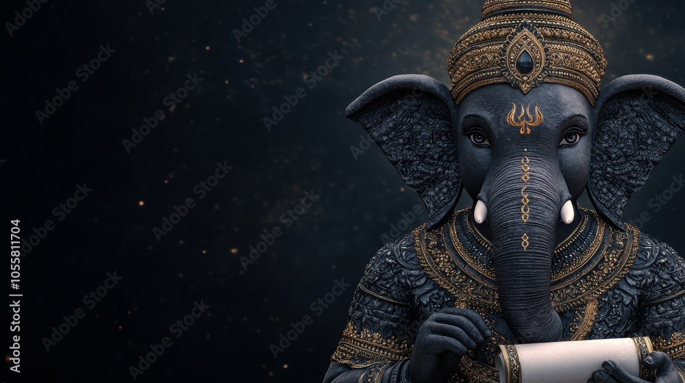 Realistic Ganesha Holding Scroll in Dark Background Realistic Ganesha Holding Scroll in Dark Background