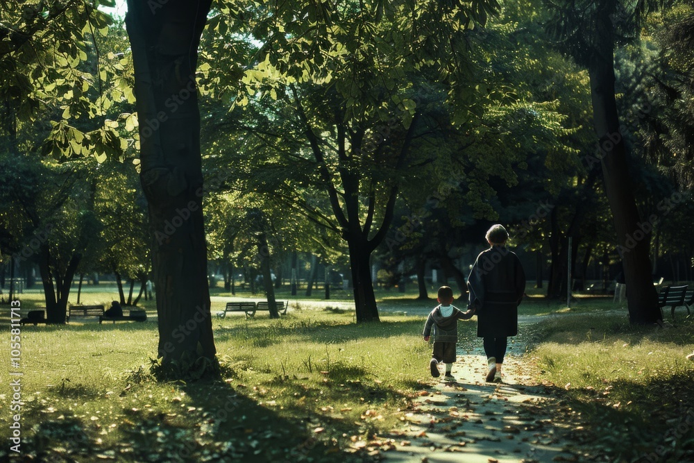 A serene park scene where an elderly person walks hand in hand with a child, basking in sunlight filtering through lush trees. A serene park scene where an elderly person walks hand in hand with a child, basking in sunlight filtering through lush trees.