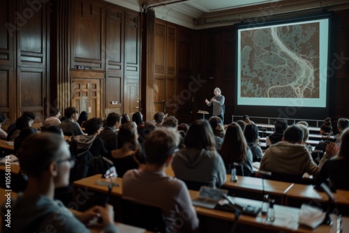 A lecturer addresses attentive students in a classic wood-paneled auditorium, offering an enlightening discourse with a dynamic presentation.
