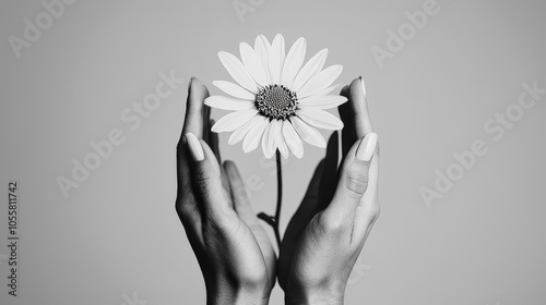 Hands Holding a Flower in Artistic Black and White