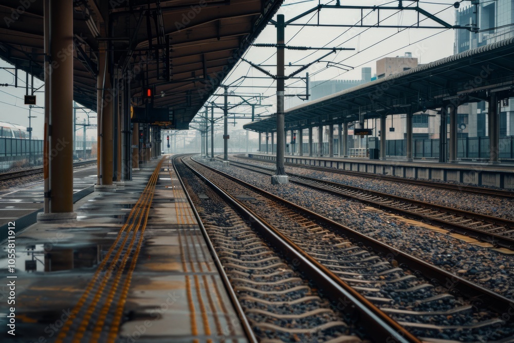 A deserted train station platform showcases converging tracks under a cloudy sky, evoking a sense of solitude and anticipation. A deserted train station platform showcases converging tracks under a cloudy sky, evoking a sense of solitude and anticipation.