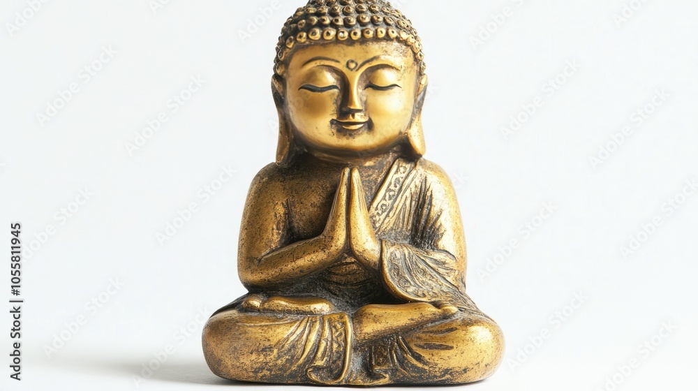 Small gold Buddha statue, isolated on white, peaceful expression, traditional style