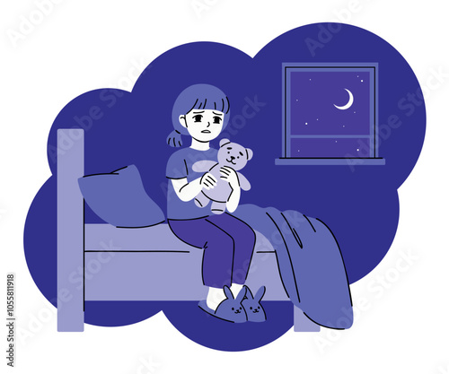 Sad young girl sits on the bed holding her bear toy in hands. Flat vector illustration of a kid having a bad dream. Children nightmare, emotion of fear concept. Art for an article, advertising, print.