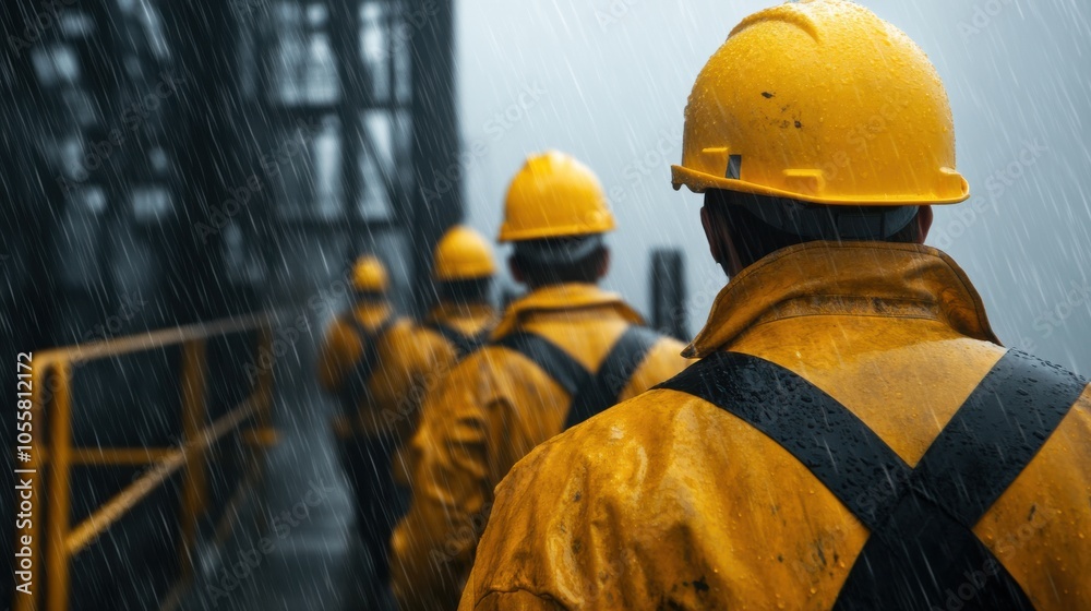 Fototapeta premium Oil Rig Operators in Hard Hats Under Rainy Conditions