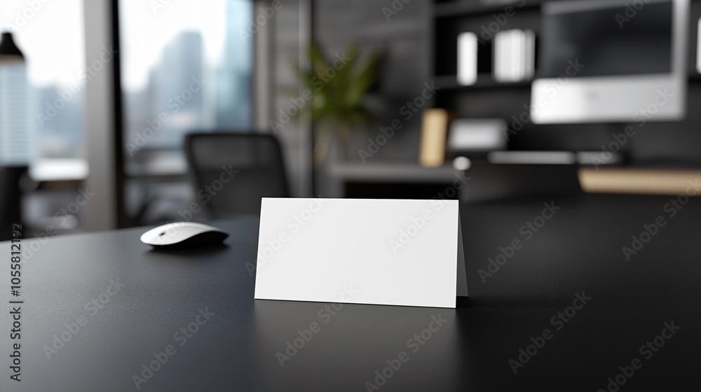 Modern office setting with blank card on desk, computer monitor and mouse in background. Ideal for business presentations or branding designs. Modern office setting with blank card on desk, computer monitor and mouse in background. Ideal for business presentations or branding designs.