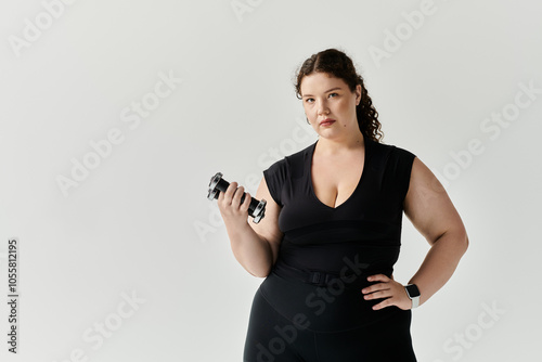 A beautiful plus size woman stands poised, holding weights, radiating self assuredness and style. photo