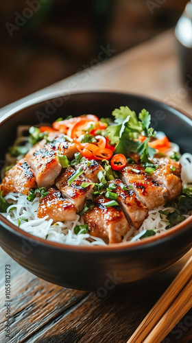 Delicious bowl of vietnamese bun cha with grilled pork and fresh herbs for a flavorful culinary experience