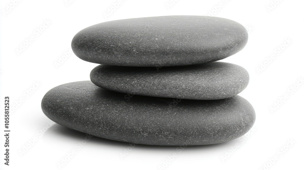 Smooth black zen stones stacked, isolated on white, balanced composition for relaxation and wellness themes Smooth black zen stones stacked, isolated on white, balanced composition for relaxation and wellness themes