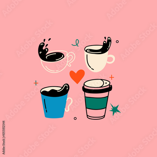 Collection of different modern coffee cups vector flat illustration. Cute trendy crockery with handle for drink