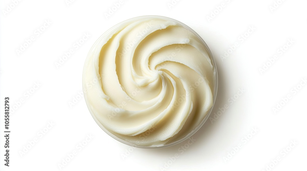 Smooth mashed potatoes, overhead view, isolated on white background