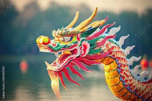 Vibrant dragon boat festival head on peaceful lake photo