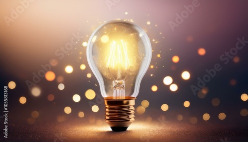 Glowing lightbulb amidst sparkles and mist on a soft gradient background.