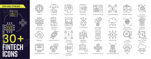 Fintech Stroke icon collections. Containing Fintech, Digital Native, Online Banking, Cloud Tech, Cashless Payment, fintech, Digital Economy, and Mobile Payments icons. Editable Stroke icon collection