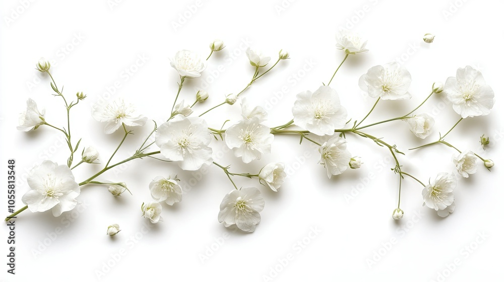 Soft gypsophila flower branch with white petals, isolated on white, delicate and airy Soft gypsophila flower branch with white petals, isolated on white, delicate and airy
