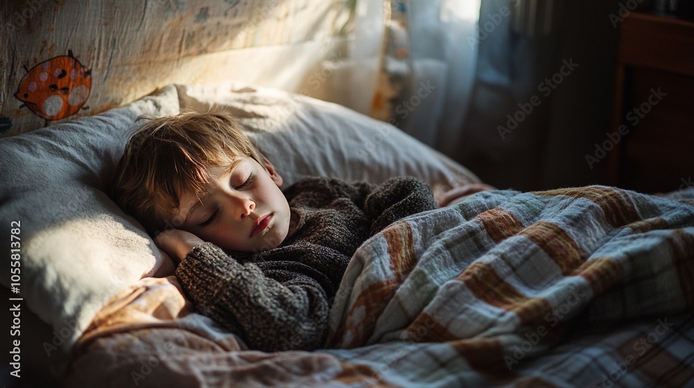 Peaceful slumber envelops a young child nestled in cozy bedding, sunlight streaming through nearby window, creating a serene morning atmosphere in the bedroom. Peaceful slumber envelops a young child nestled in cozy bedding, sunlight streaming through nearby window, creating a serene morning atmosphere in the bedroom.