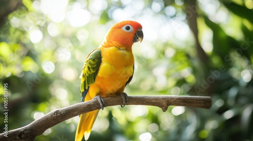 A Sun Conure Perched on a Branch with a Blurred Green Background