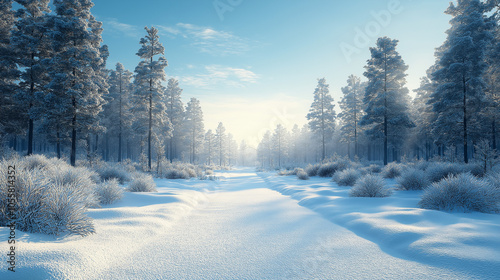 Sunlit snowy road through a winter forest, capturing a serene and tranquil landscape.