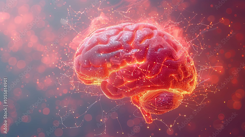 Close-Up View of the Human Brain Featuring Firing Neurons and Neural Extensions, Emphasizing Cognitive Learning Plasticity