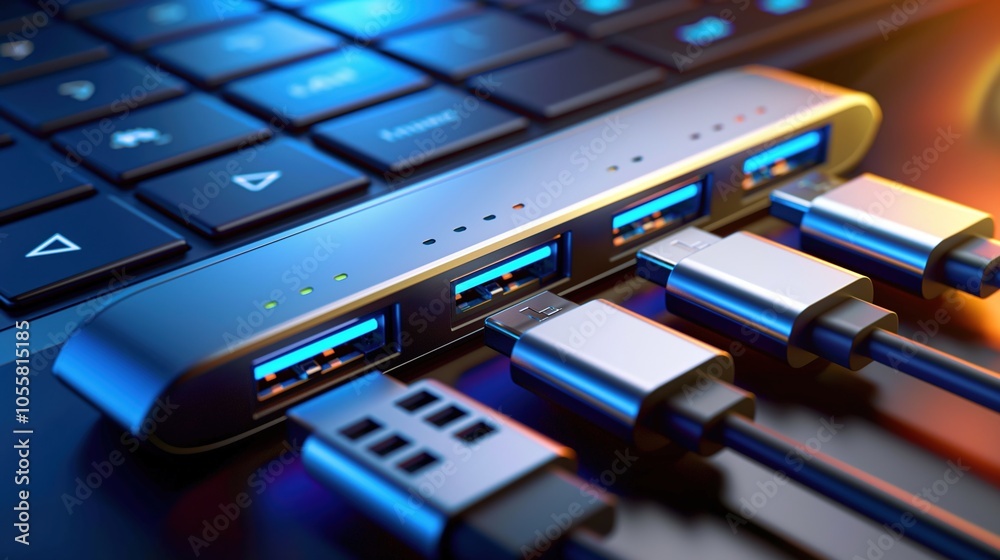 Sleek USB hub with multiple ports connected to various devices, showcasing modern design and functionality in a tech-focused setup. Sleek USB hub with multiple ports connected to various devices, showcasing modern design and functionality in a tech-focused setup.