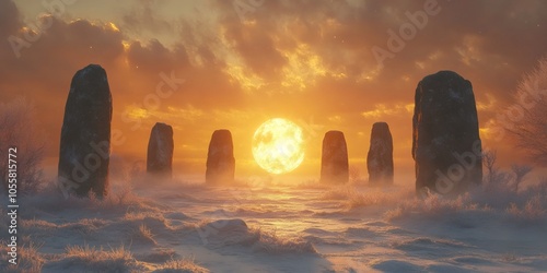 winter solstice rituals, misty frost-covered ground surrounds an ancient stone circle bathed in golden light from the winter solstice sunrise photo