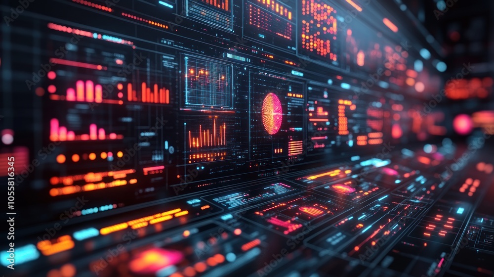 Futuristic digital interface with data visualizations and graphs. Futuristic digital interface with data visualizations and graphs.