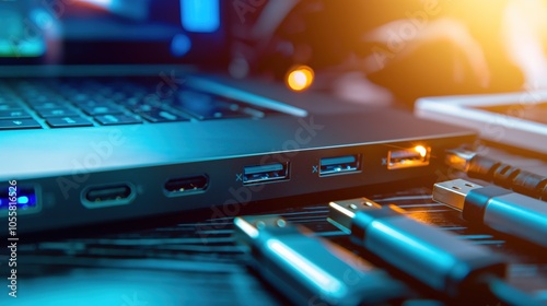 Wallpaper Mural Sleek USB hub with multiple ports connected to various devices, showcasing modern design and functionality in a tech-focused setup. Torontodigital.ca