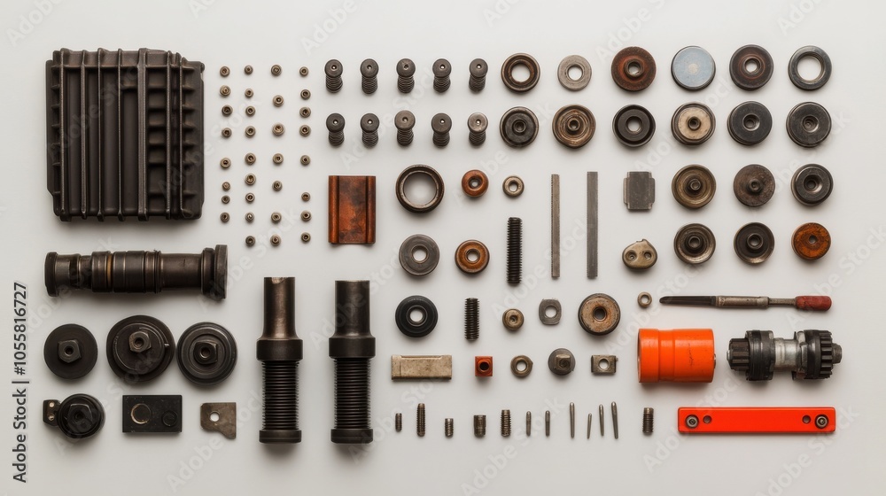 Disassembled Engine Components on Workshop Table Disassembled Engine Components on Workshop Table